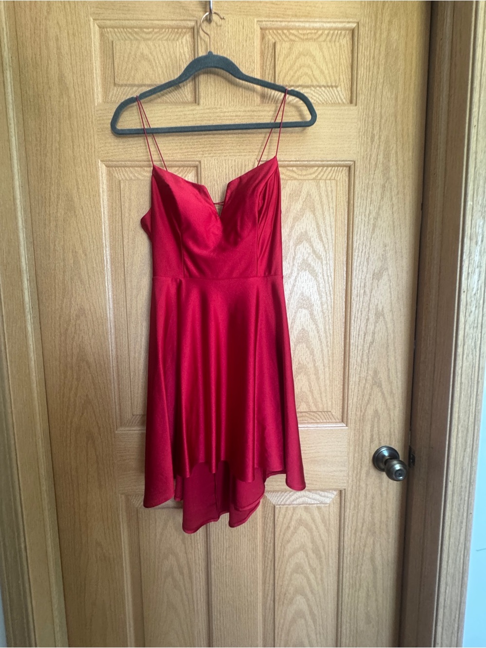 City Studio Red Satin Fit & Flare High-Low Cocktail Dress Lace Up Back Size 11